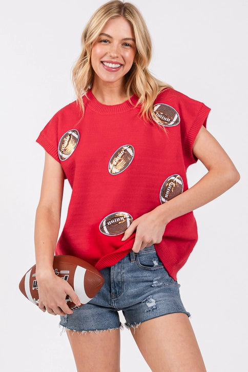 SEQUIN FOOTBALL GAME DAY SWEATER - RED