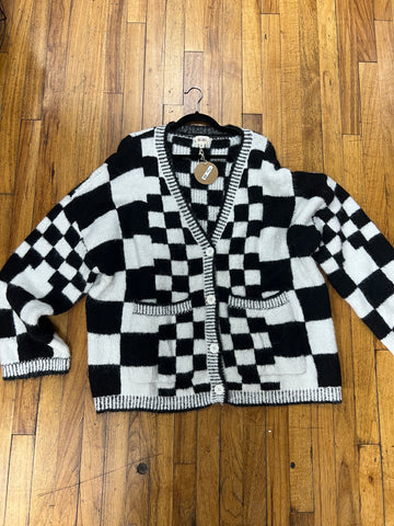 Oversized checkered cardigan sweater