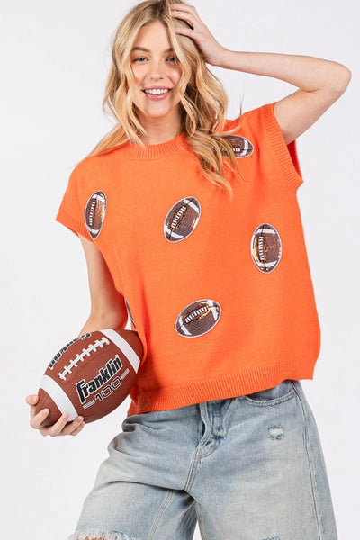 SEQUIN FOOTBALL GAME DAY SWEATER - ORANGE