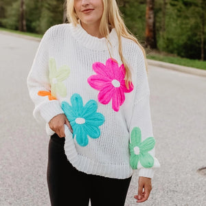 White Floral Colorful Stitched Sweater