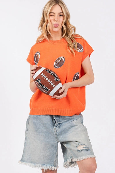 SEQUIN FOOTBALL GAME DAY SWEATER - ORANGE